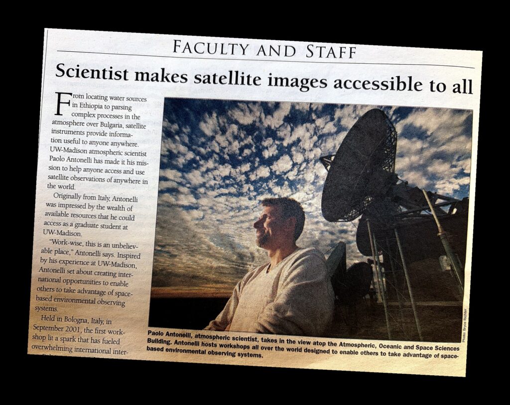 Wisconsin Week, 22 October 2008: article headlined “Scientist makes satellite images accessible to all”, showing Paolo Antonelli atop the Atmospheric, Oceanic and Space Sciences Building at UW–Madison. Photo: Bryce Richter.